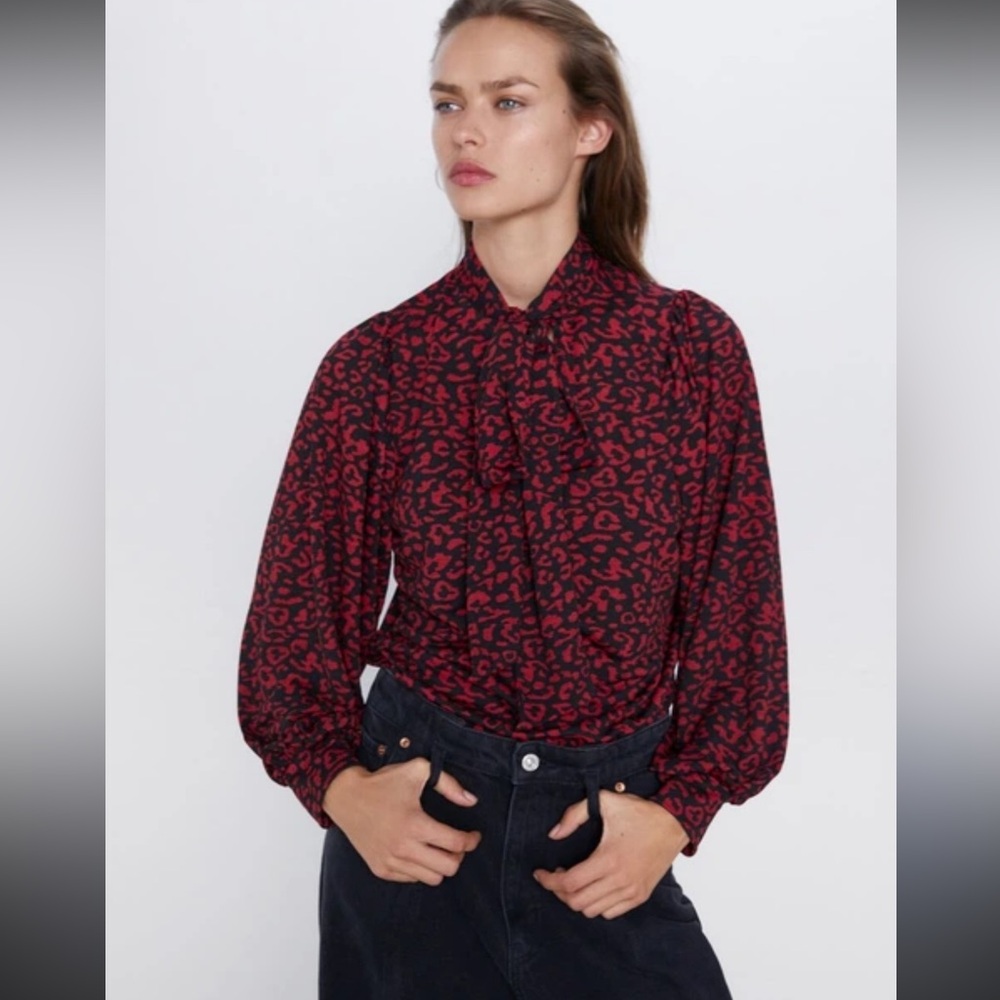 Zara Red and Black Leopard Print Blouse